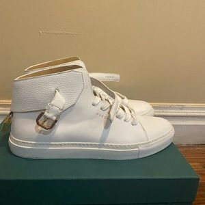 Buscemi Gold buckle high top sneaker white.